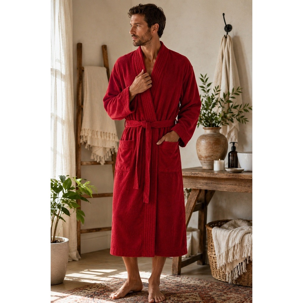 T.J. Lawford Turkish Cotton Terry Cloth Spa Robe Kimono Bathrobe Red One Size